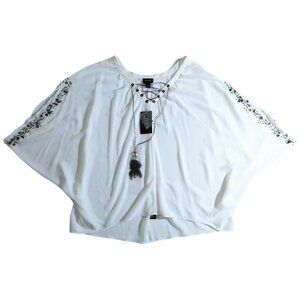Nicole Miller Women's White Batwing Tunic Blouse Embellished Sleeves L Large